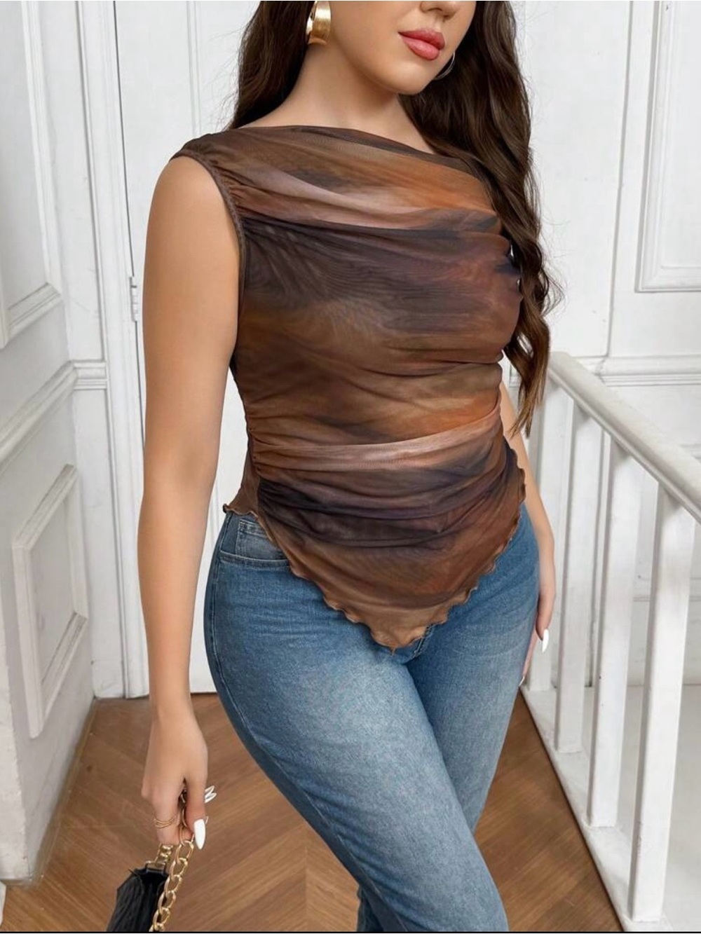 Women’s Sheer Tie-Dye Mesh Top - Brown/Black - Picture 2 of 5